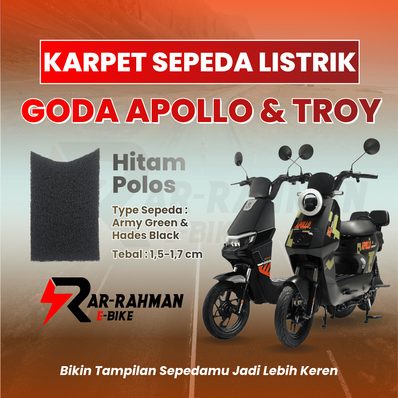 Jual Karpet Alas Kaki Sepeda Listrik GODA APOLLO GD118 dan TROY GD005 - Hitam Polos - Premium, Anti Slip, Tahan Kotoran, Mudah Dibersihkan Murah - Ar-Rahman E-Bike Bondowoso