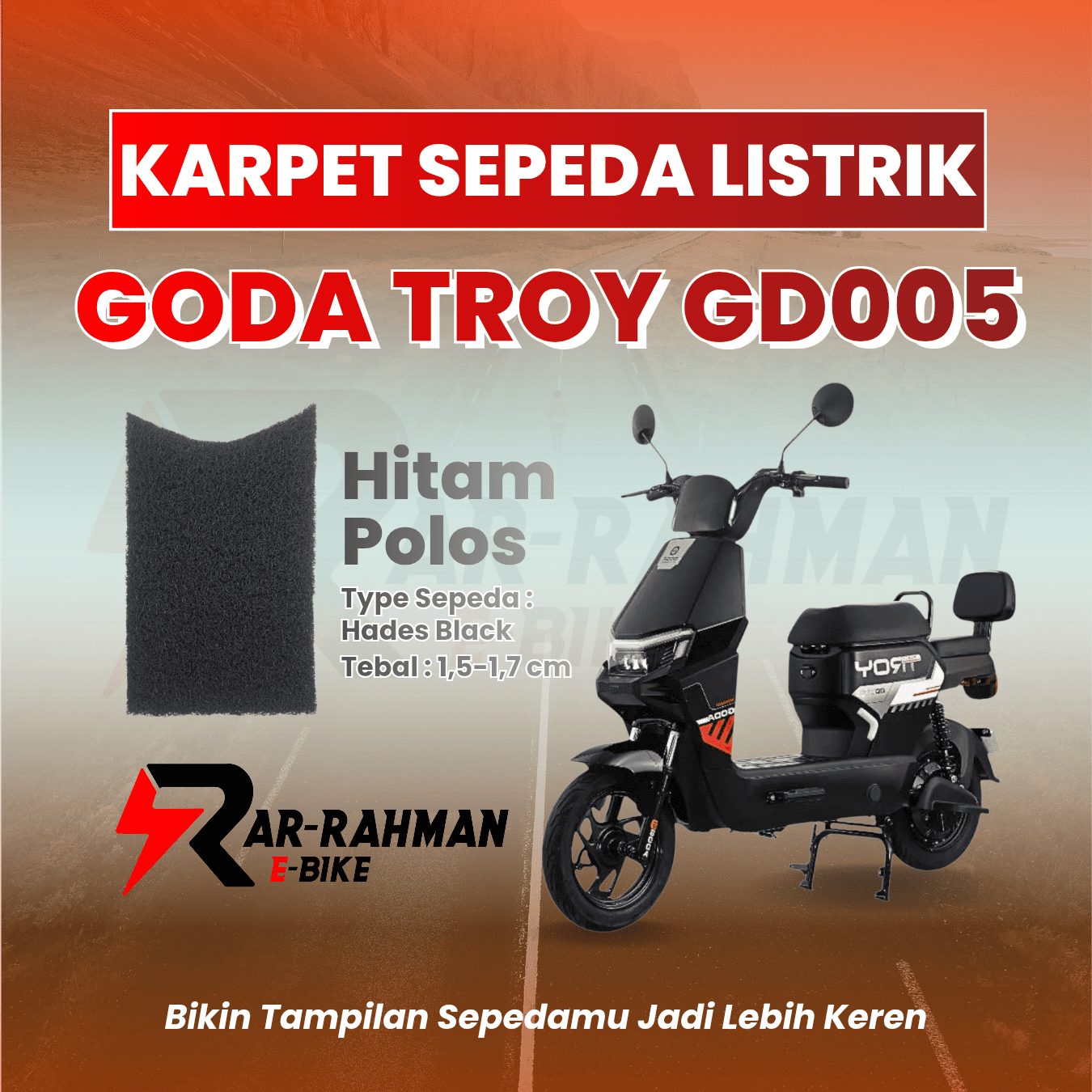 Jual Karpet Alas Kaki Sepeda Listrik GODA APOLLO GD118 dan TROY GD005 - Hitam Polos - Premium, Anti Slip, Tahan Kotoran, Mudah Dibersihkan Murah - Ar-Rahman E-Bike Bondowoso